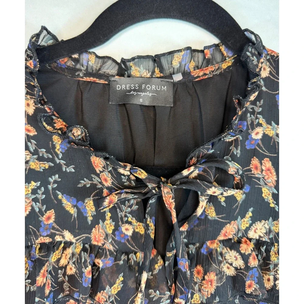 Dress Forum Floral Midi Dress Black Pink Blue Smocked Waist Ruffle sz S wedding‎